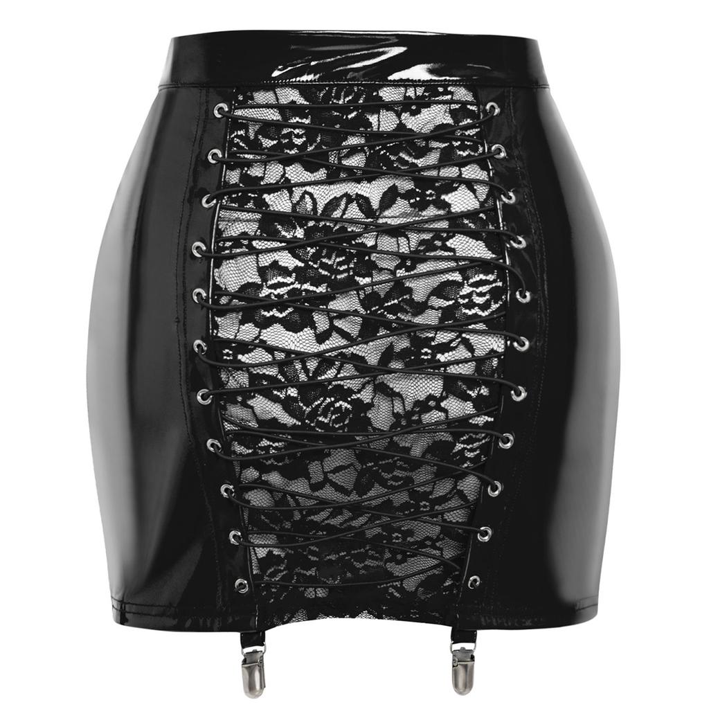 Womens Bodycon PU Skirt Floral Lace Patchwork Lace Up Clubwear Mini Skirt