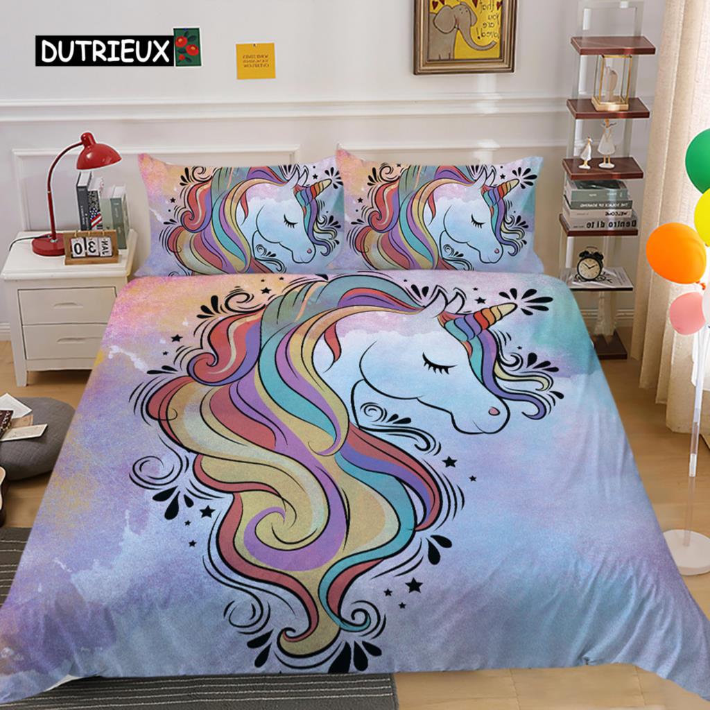 Husă de plapumă Rege Regină Unicorn Desen animat Animal Curcubeu Univers Set de lenjerie de pat pentru copii Adolescenți Cosmic Cer înstelat Poliester Husă de plapumă