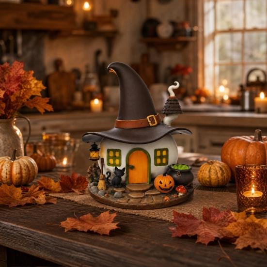 Halloween Witch House Ornament, Decorative Desktop Halloween Ornaments with Black Cats Pumpkin Lanterns Magic Brooms for Party Table Decorations and