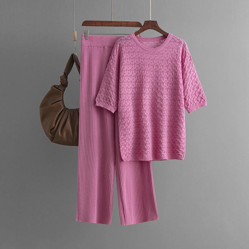 Summer new solid color hollow casual round neck fashion suit short sleeve trousers knitted two-piece set