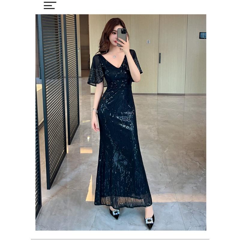Solid color sequined evening dress women s 2 new noble temperament fishtail high-end celebrity banquet host fishtail skirt S