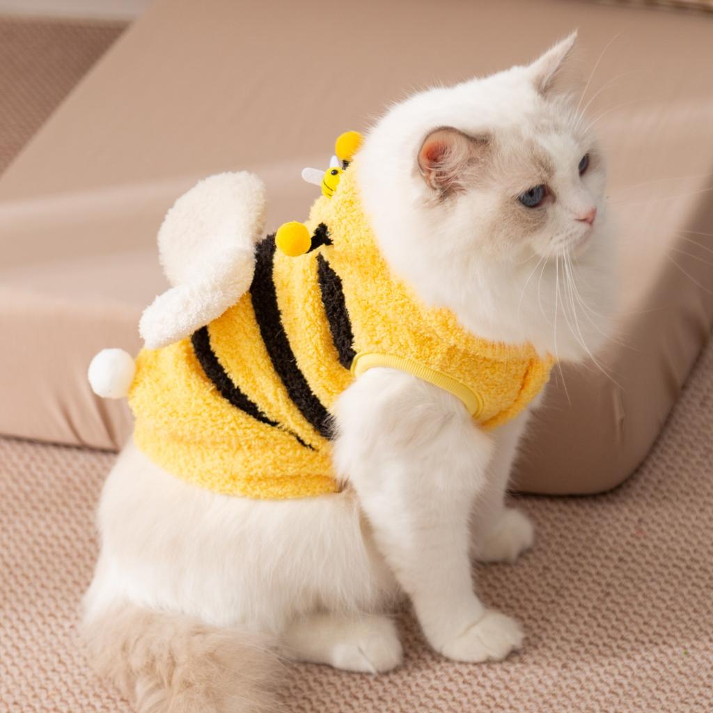 2026 Pet Kitten Clothes COS 3D Bee Transformation Dress Small Dog Autumn/Winter Velvet Clothes Dog Clothes