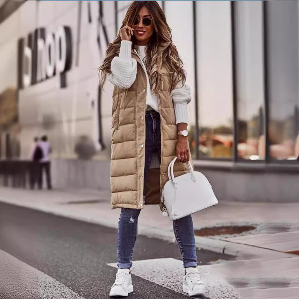 Women's Long Coat Vest Hood Autumn Winter Sleeveless Warm Cotton Down Coat Vest Down Jacket Outwear