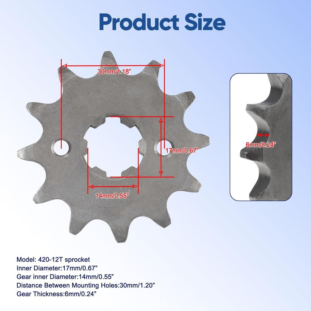 420 12T 17mm Motorcycle Front Engine Sprocket Compatible with 50cc 70cc 90cc 110cc 125cc 140cc 160cc Engine Honda TaoTao Loncin Roketa Coolster Sunl