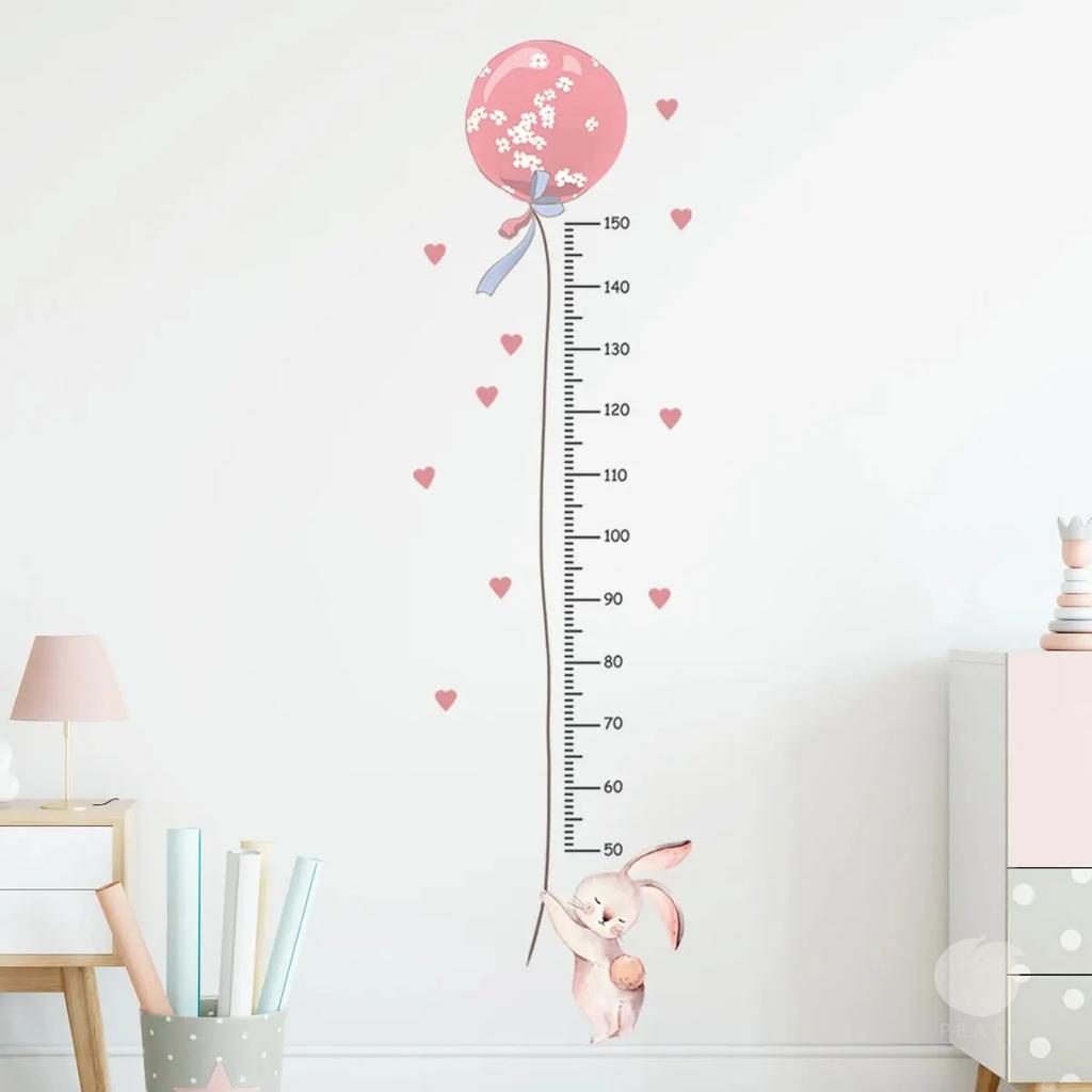 2Pcs Cartoon Cute Pink Rabbit Balloon Height Measurement Wall Stickers for Room Bedroom Home Decoration Wall Decals