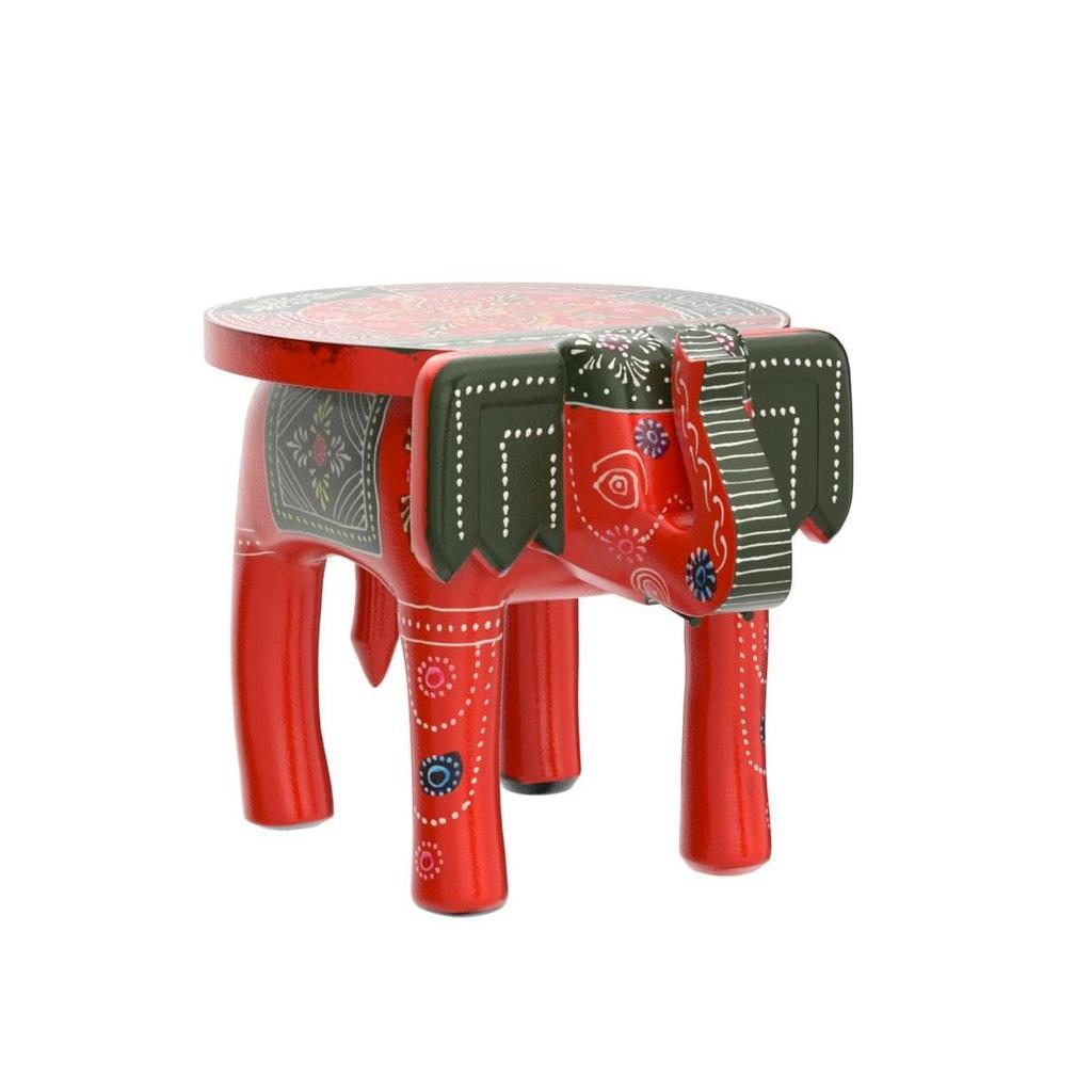 Handcrafted and Hand-Painted Colorful Wooden Elephant Stool/Side Table for Home/Office/Living or Bedroom Decor (Orange & Green)