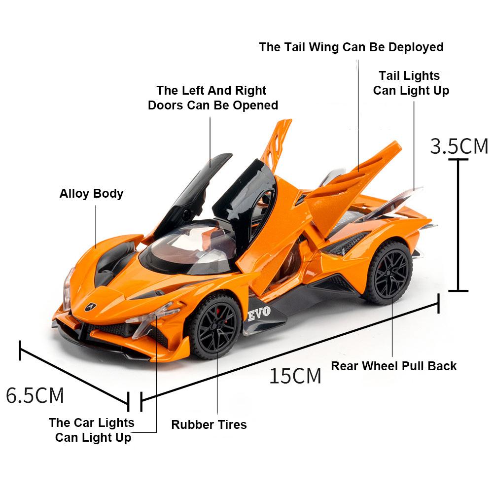 1:32 Escala Apollo Evo Juguete de Coche Modelos Aleación Fundición a Presión Coches Deportivos Retracción Sonido Luz 2 Puertas Abiertas Vehículos de Carrera Regalo Para Niño