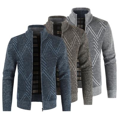 Stand Collar Long Sleeves Fleece Lining Sweater Coat Men Autumn Winter Geometric Pattern
