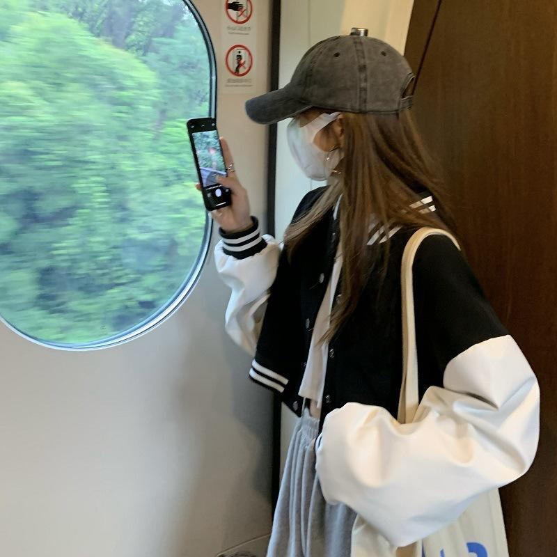 Women's short baseball uniform long-sleeved jacket American student cardigan top trendy