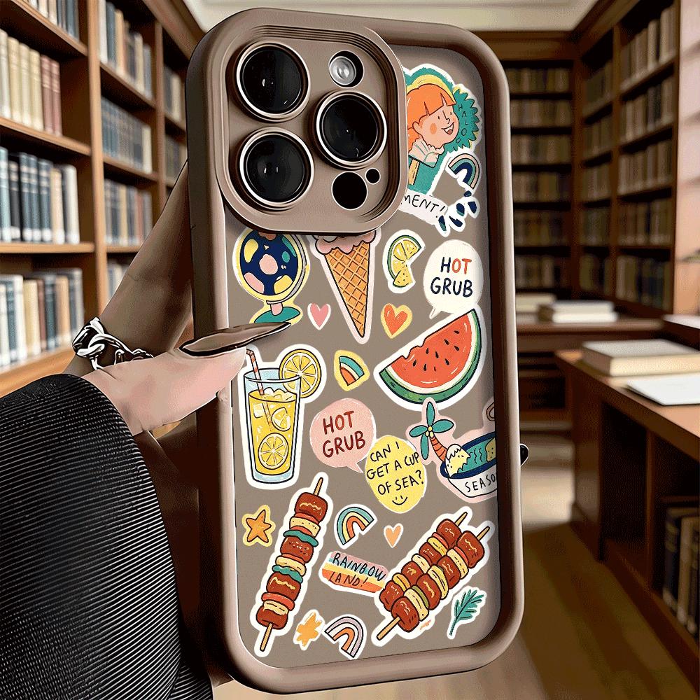Summer Food Stickers Set Phone Case for iPhone 17 16 15 14 13 12 11 Pro Max Plus Anti Scratch, Gel Flexible Protective