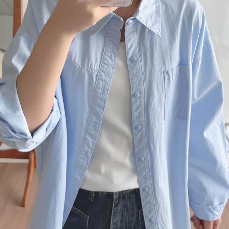 Women Spliced Solid Color Pocket Shirts Korean Loose Lapel Female Long Sleeved Blouses Summer Sun Protection Woman's Cardigan Top