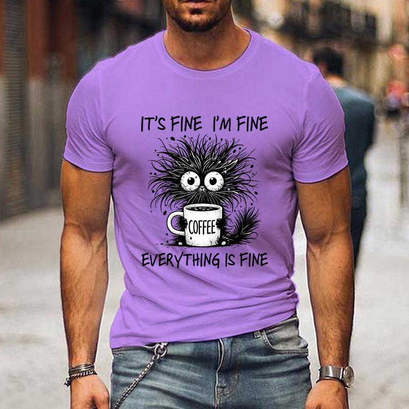 Mir geht es gut, ich bin in Ordnung, alles ist in Ordnung, lustige schwarze Katze, Herrenbekleidung, Vintage-T-Shirt, kurzärmelige Oberteile, Sommer-Modebekleidung