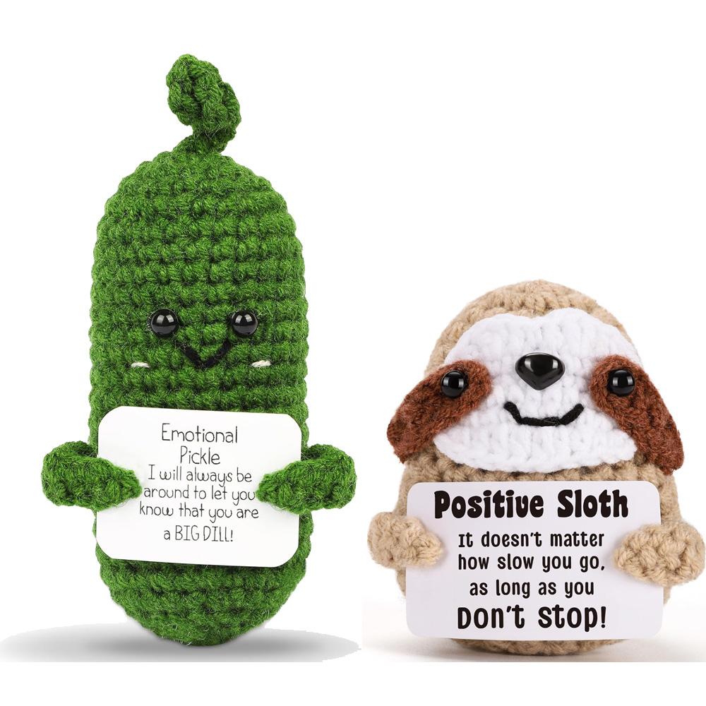 Handmade Emotional Support Pickle Crochet Funny Sour Cucumber Knitted Pickle with Positive Card Cheer up Gift Crochet Home Decor