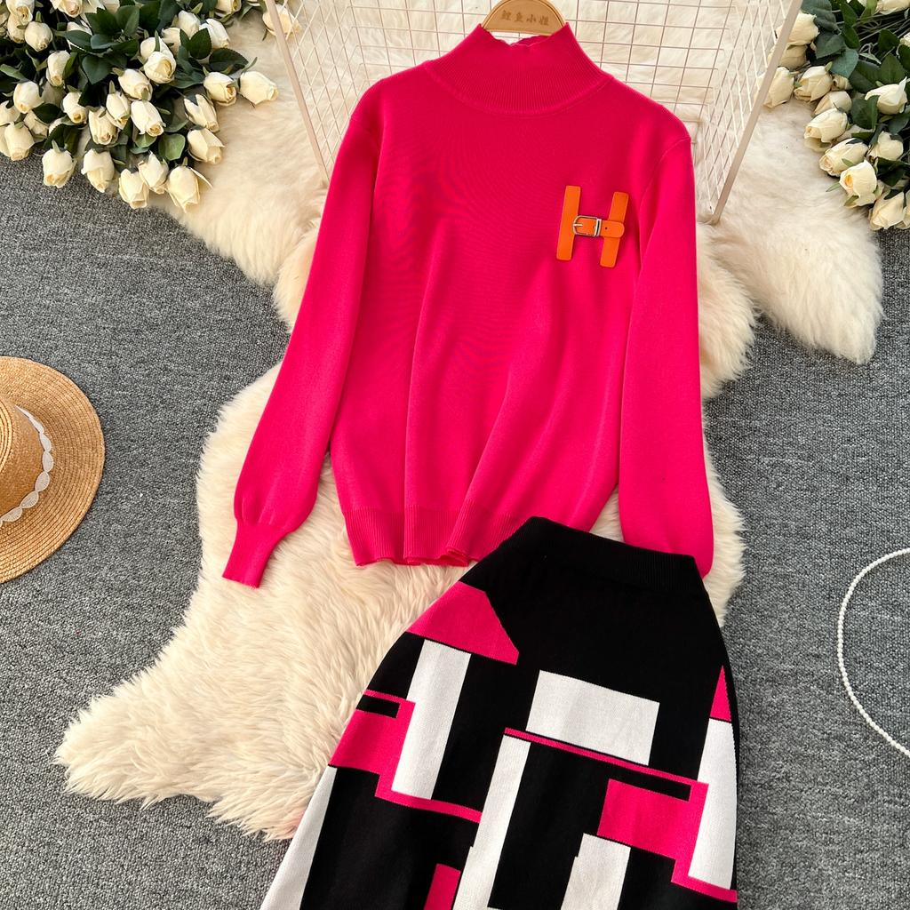 Høst Vinter Kvinner Elegant Strikket Genser Kontor Todelt Sett Ståkrage Pullover Topper og Lang Maxi Skjørt Dress