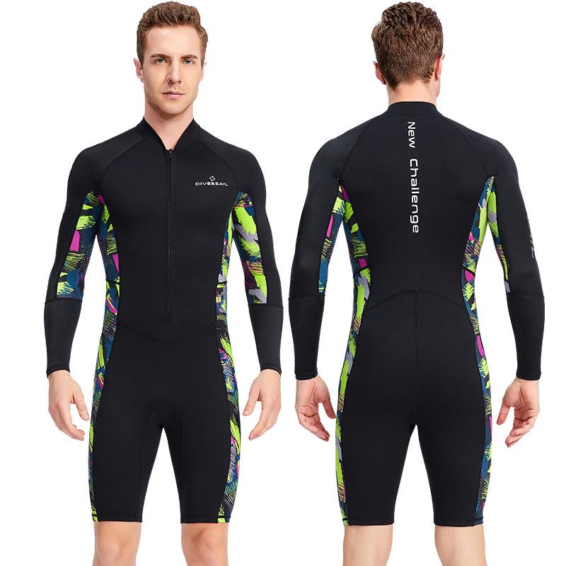 Men's 1.5mm One-Piece Long Sleeve Wetsuit for Diving, Snorkeling, and Surfing - Lycra Sun Protection.
