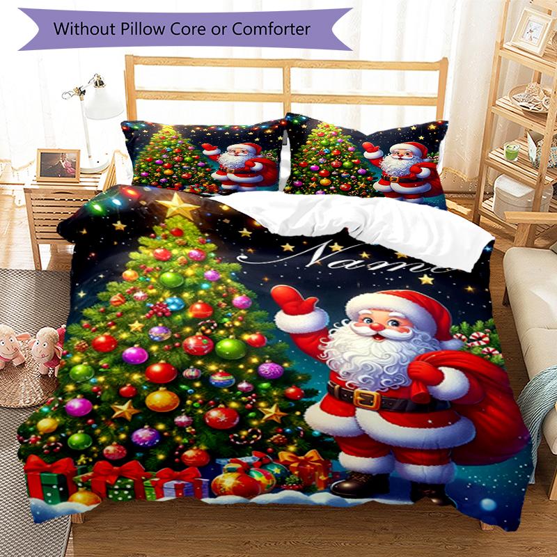 3pcs Custom Name Christmas Santa Claus Bedding Set Duvet Cover Closure Includes 1 Duvet Cover & 2 Pillowcases, Soft and Comfortable for All Seasons.