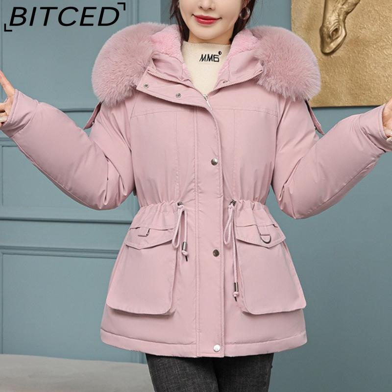 BITCED Women's Fleece-Lined Thickened Puffer Coat - Short Winter Style with Large Fur Collar, Slim-Fit and Flattering Cotton-Blend Outerwear