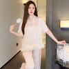 Pajamas Women's Summer Ice Silk Short-sleeved Trousers Set High-end Hot Silver Bow Loungewear Thin Can Be Worn Outside