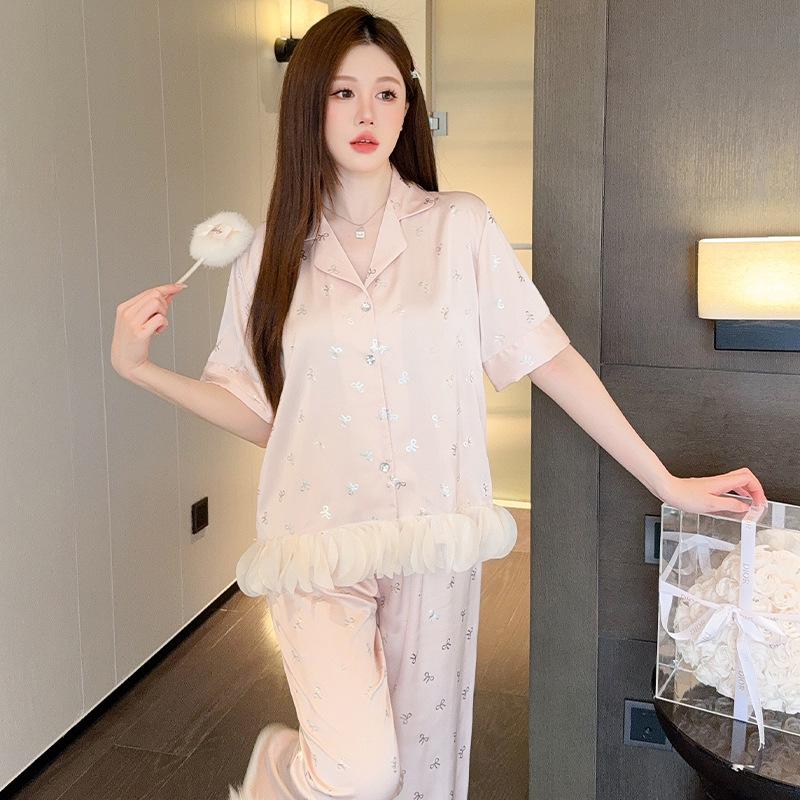 Pajamas Women's Summer Ice Silk Short-sleeved Trousers Set High-end Hot Silver Bow Loungewear Thin Can Be Worn Outside