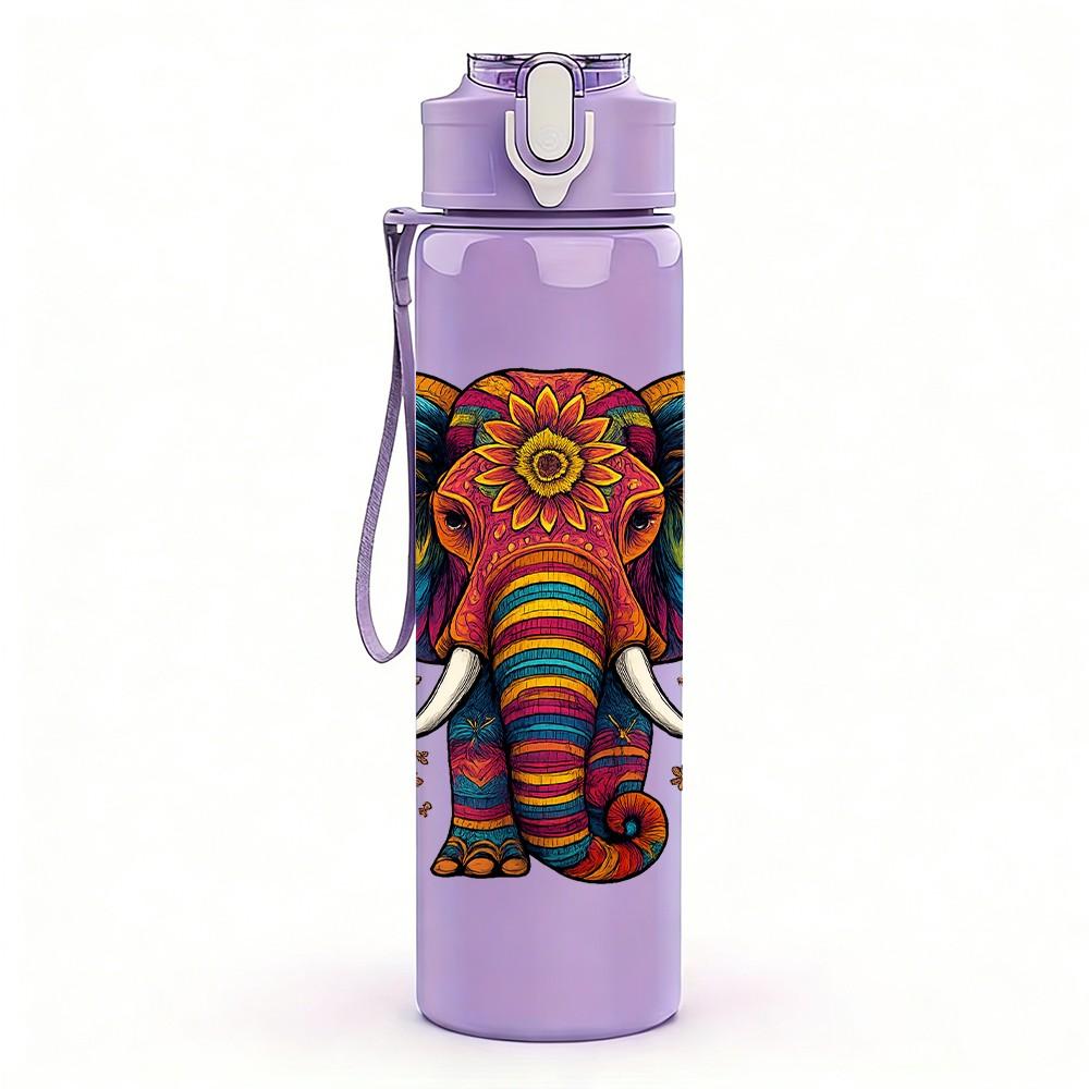 1PC Tribal Floral Elephant 750ml Color Plastic Sports Water Bottle Leakproof Flip Straw Lid Suitable for Sports Office Home Use