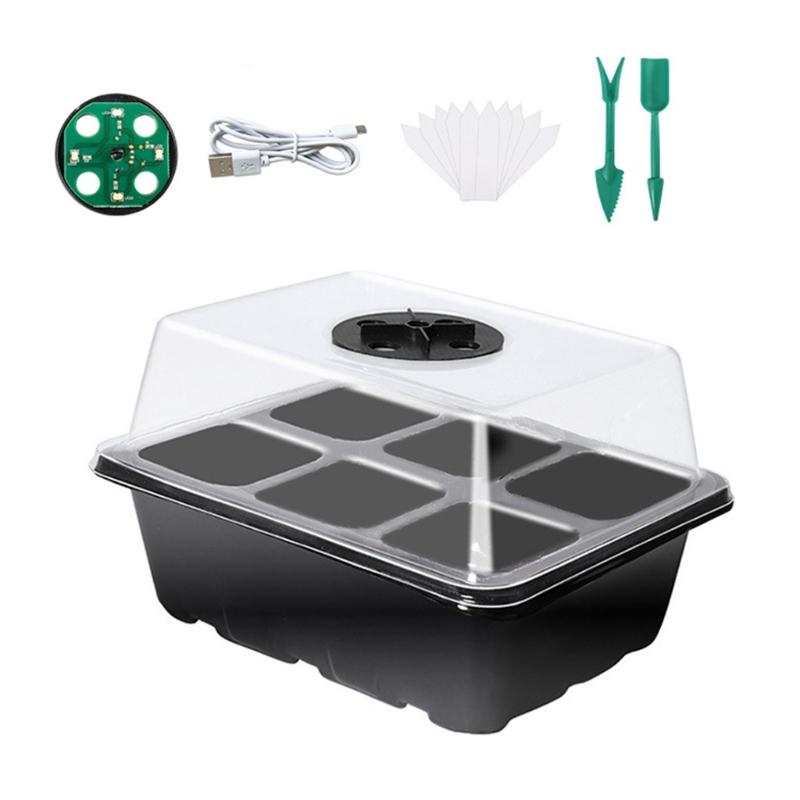 Plastic Seedling Starter Kits with LED Grow Light Plant Nursery Tray with Drainage Holes Vegetable Germination Box