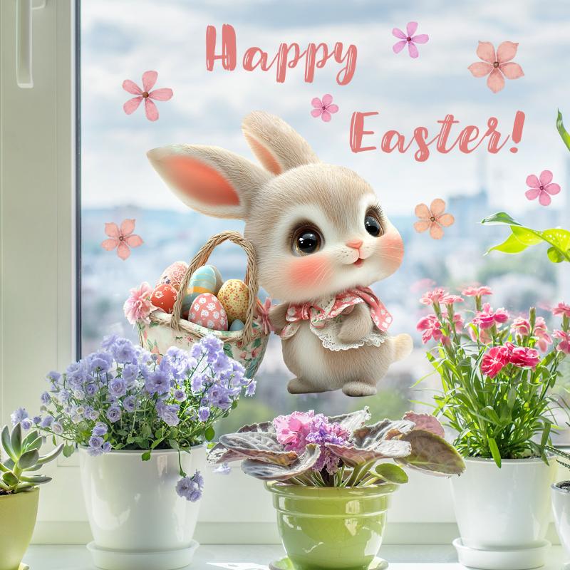 Cartoon Bunny Easter Egg Flower Window Static Sticker For Happy Easter Day Home Festival Party Decorations Sticker