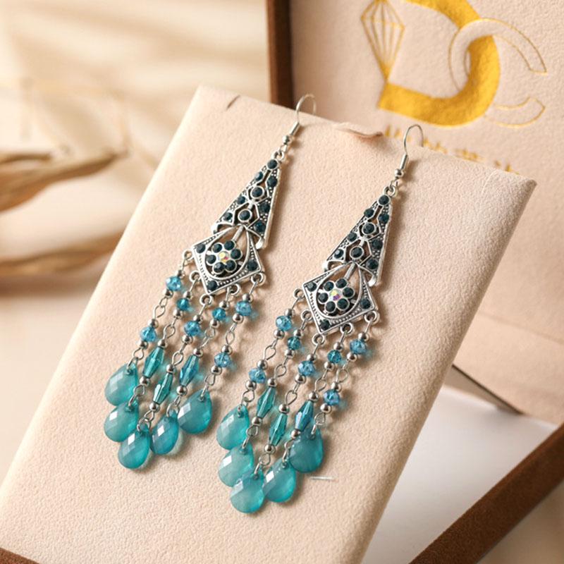 New Bohemian Rhinestone Water Drop Earrings for Women Ethnic Long Crystal Tassel Earring Party Vacation Jewelry павлин голубой