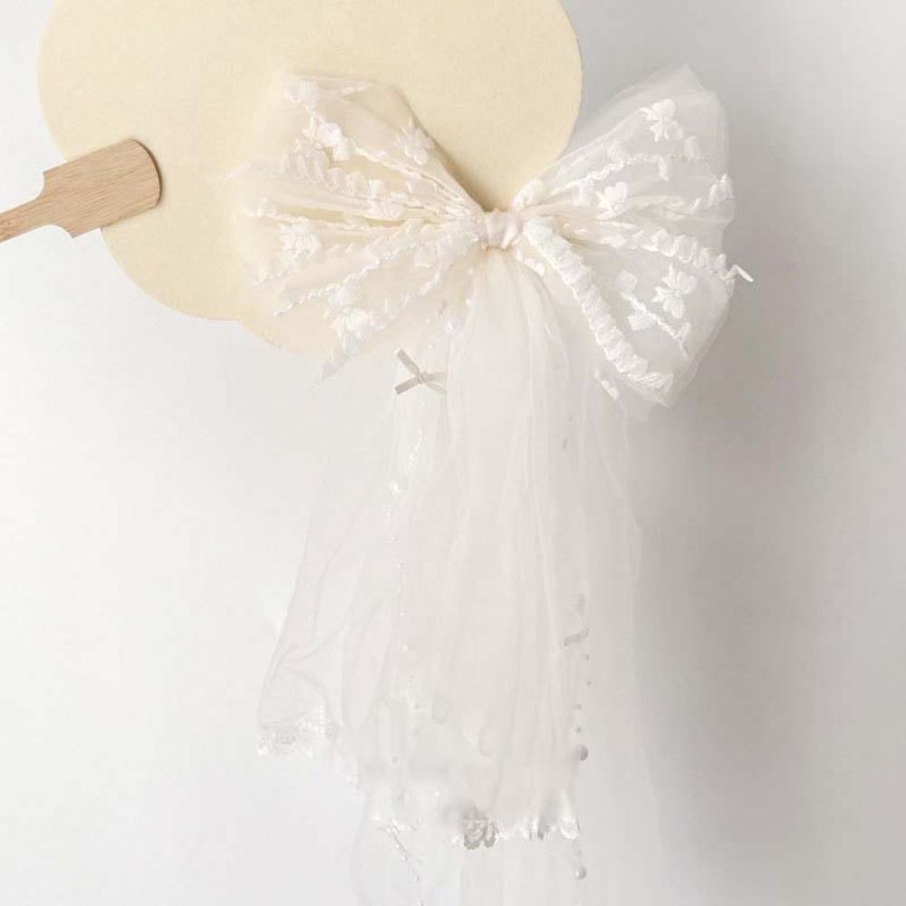 Bow Veil Hair Clip Beads White Bridal Tulle Elegant Girls Head Gauze  Engagement