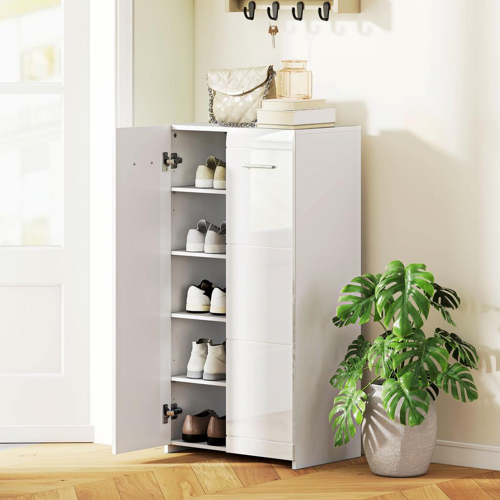 Shoe Cabinet In High Gloss, Shoe Storage with Adjustable Shelves for Hallway, Entryway, Space for 10 Pairs, White