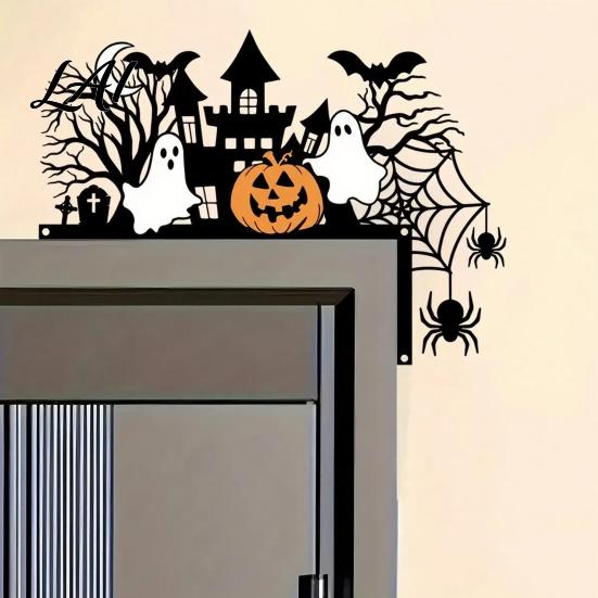 Indoor Halloween Party Supplies Door Topper with Castle Ghost Pumpkin Spider and Bat Silhouette 2D Flat Three Dimensional Hanging Acrylic Corner