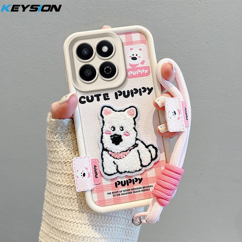 KEYSION Cartoon Cute Plush Embroidery Case for HONOR 200 Smart 5G with Lanyard Shockproof Phone Back Cover for Huawei Honor X7c