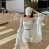 Women's Three-Piece Set: Loose Sleeveless Top, See-Through Sun Protection White Shirt, and Long Sleeve Thin Shorts