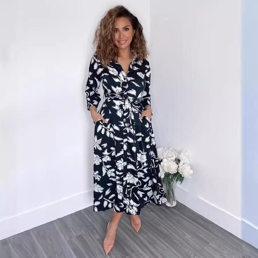 Eaby Ladies Summer Print Nine-quarter Sleeve Shirt Skirt Collar Long Dress