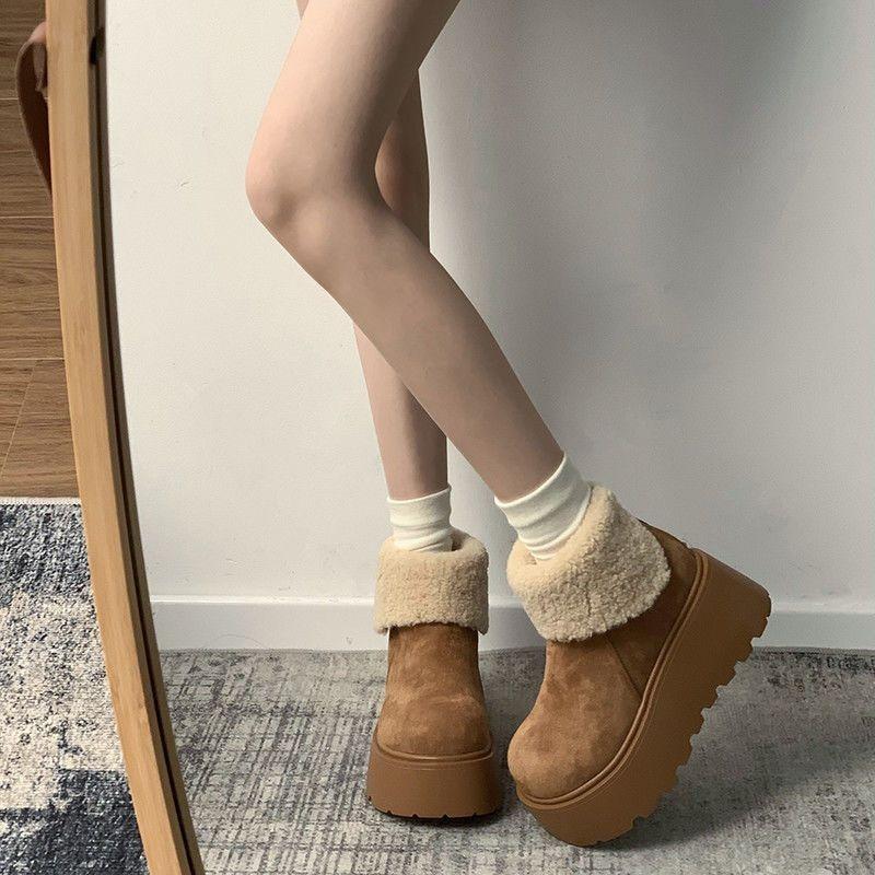 Women's heightened thick-soled snow boots, winter new velvet thickened white simple short boots warm and non-slip cotton shoes