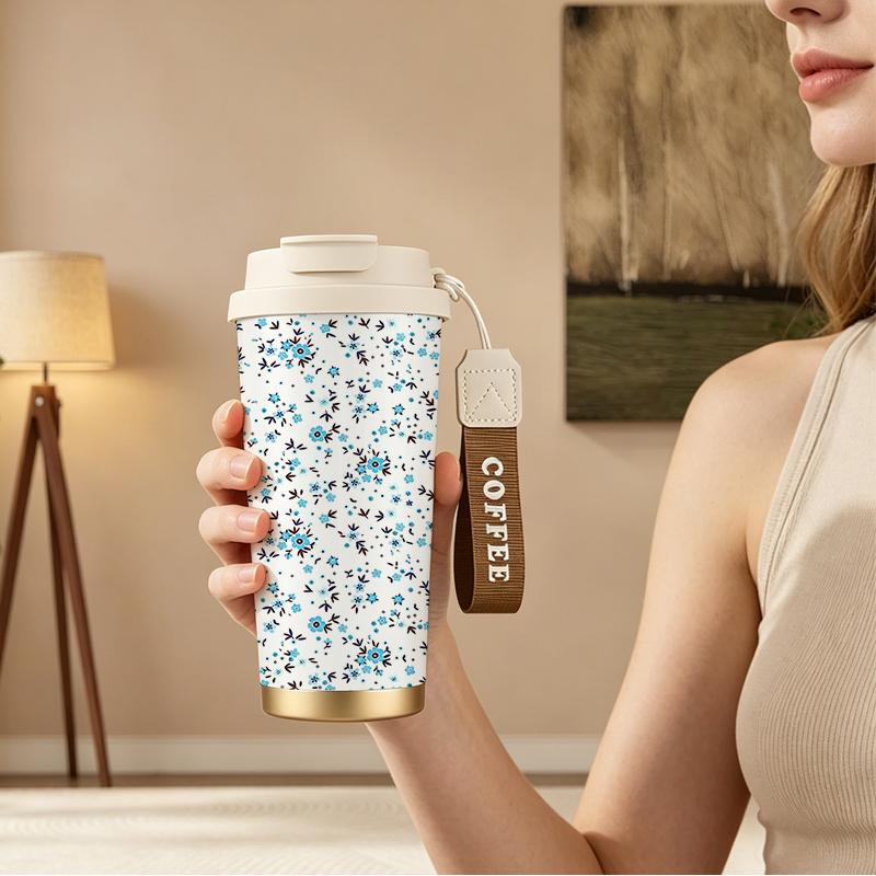 Coffee Mug 532ml Blue Tiny Floral Element Lanyard Insulated Cup Outdoor Cup Leakproof Coffee Cup Handheld Cup Gift Cup Coffee Mug 532ml