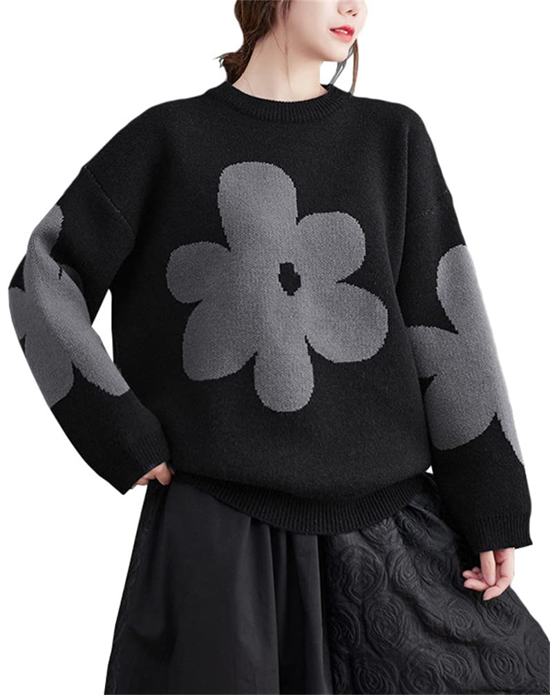 

ZHENGTU Вязаный Плюс Круглый Длинный Свободный Оверсайз Цветочный Идеально для Абрикосового Один Размер Подходит Женский Свитер, Размер, Шея, Рукава, Посадка, Пуловер, Принт, чёрный