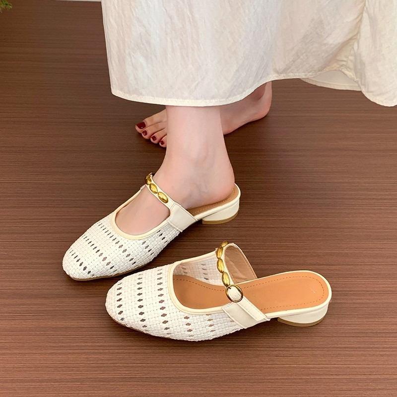 Fashion Designer Women's Weave Hollow Out Mules Slippers Fashion Shallow Slide Elegant Dress Slip-On Shoes Comfortable Ladies Footwear