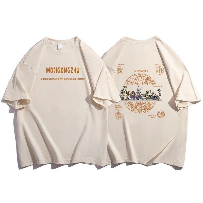 

American Retro Short-Sleeved T-Shirt for Women, Summer Ins Trendy Pure Cotton Hong Kong Style Chic Large Size Loose Design Niche Top Khaki M [Recommendation 40-50kg]
