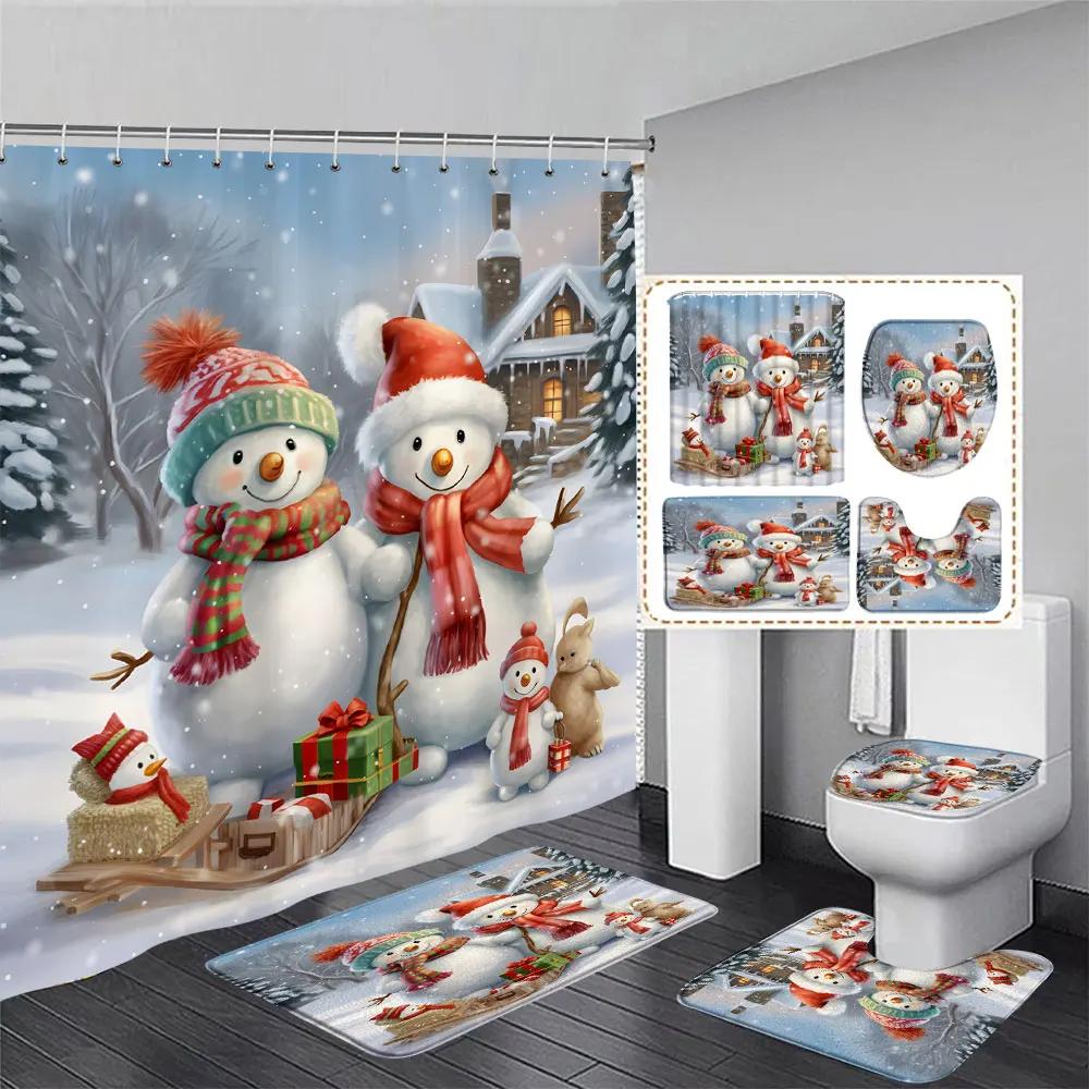 Niedlicher Schneemann-Weihnachts-Duschvorhang-Set, silberne Tannenzweige, Schneeflocken-Weihnachtskugeln, Badezimmer-Dekor, Teppich, Badematte, Toilettendeckelbezug