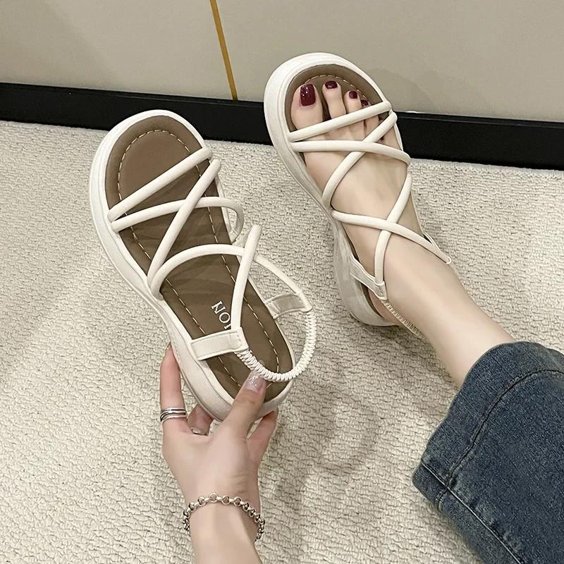 Fashion Women's Fashion Elasticated Sandals Korean Style Solid Colour Casual Round Toe Slippers Thick Bottom Lightweight Wedges Shoes