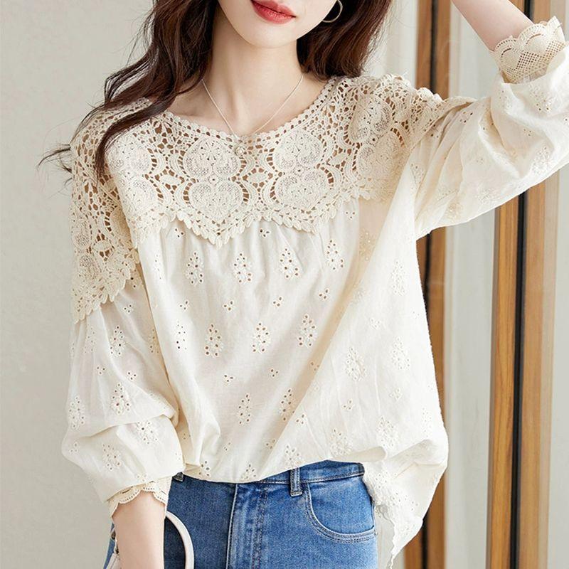 Lace Shirt Women's Long Sleeved Hollowed Out Plus Size Women's Shirt Autumn Design Sense Chic Top