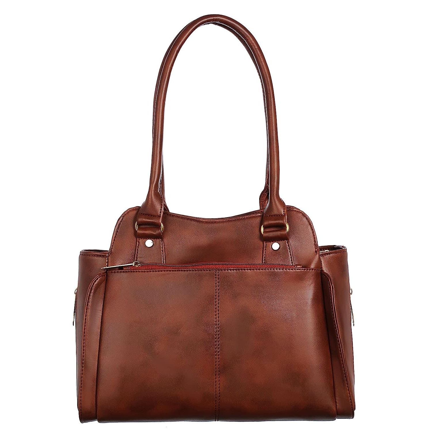 Женская кожаная сумка через плечо большой вместимости с верхней ручкой и множеством — фото 6