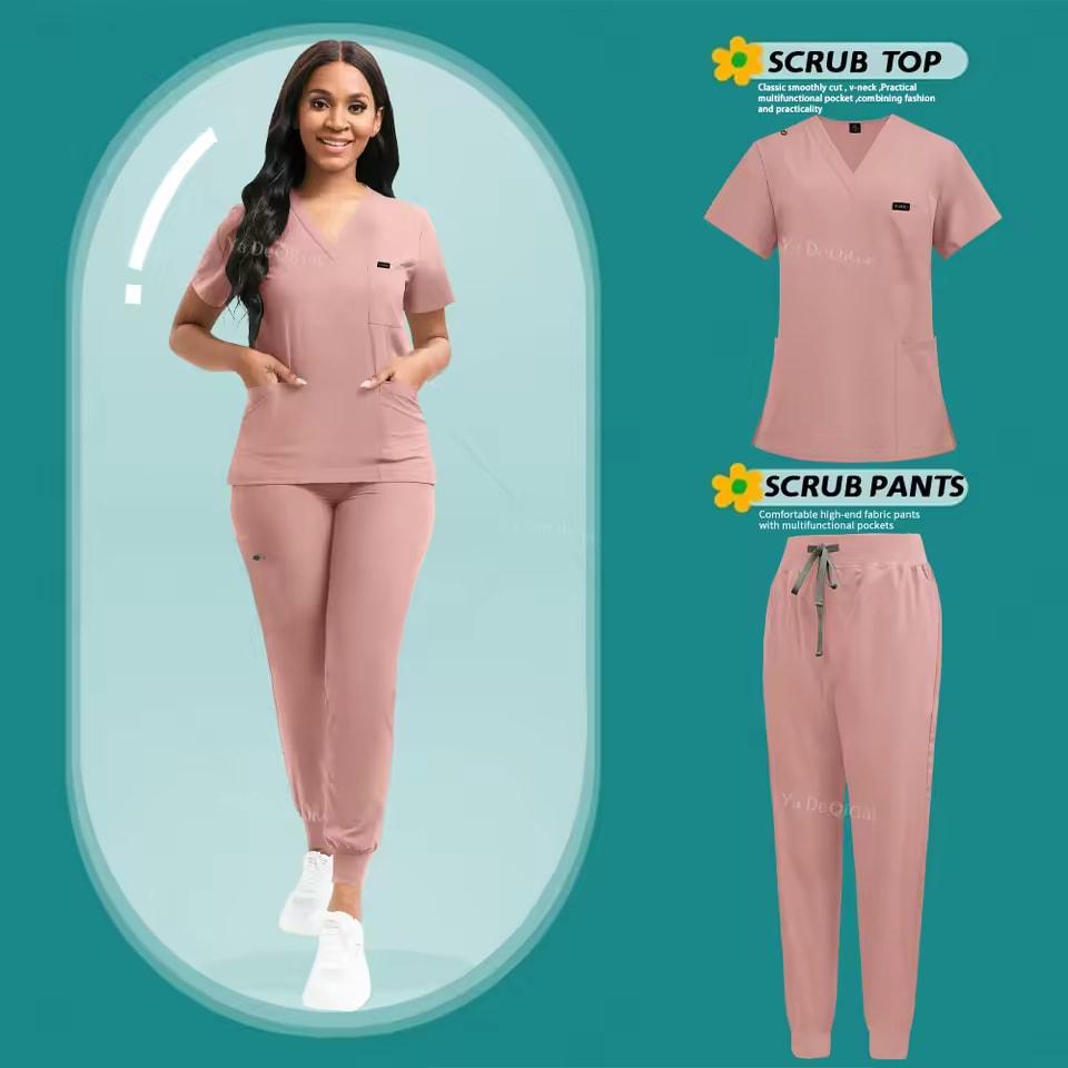 Stretch Scrubs Women Set Nursing Uniforms Clinical Scrubs Set Nurse Doctor Dustproof Workwear Medical Scrubs Top+ Jogger Pants