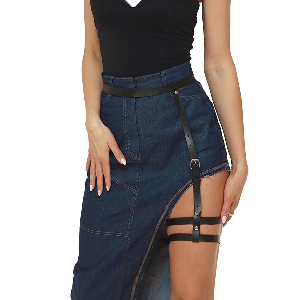 

European & American Punk Black Leather Double-Layer Leg Ring & Multi-Layer Body Chain Waist Strap