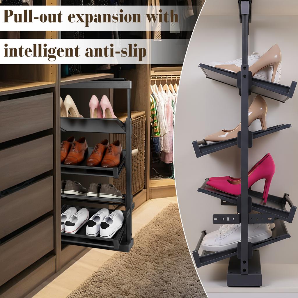 4 Tier Pull-Out Shoe Storage Organizer Adjustable Height Retractable Shoe Rack Organizer for Small Bedroom Closet