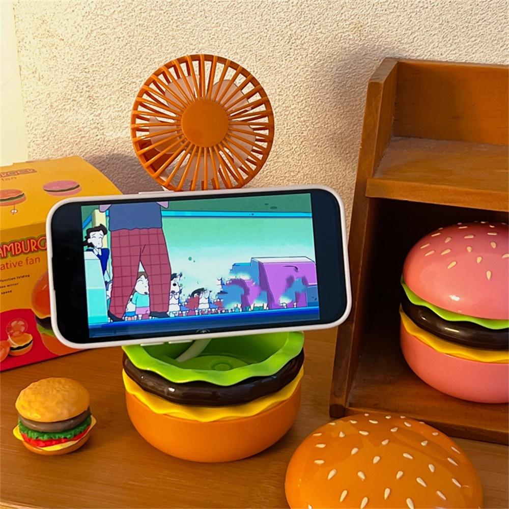 Rechargeable Hamburger Mini Fan, Creative Cute Toy Fan with Mirror, 3-Speed Mode, Small Gift for Family and Friends in Summer.
