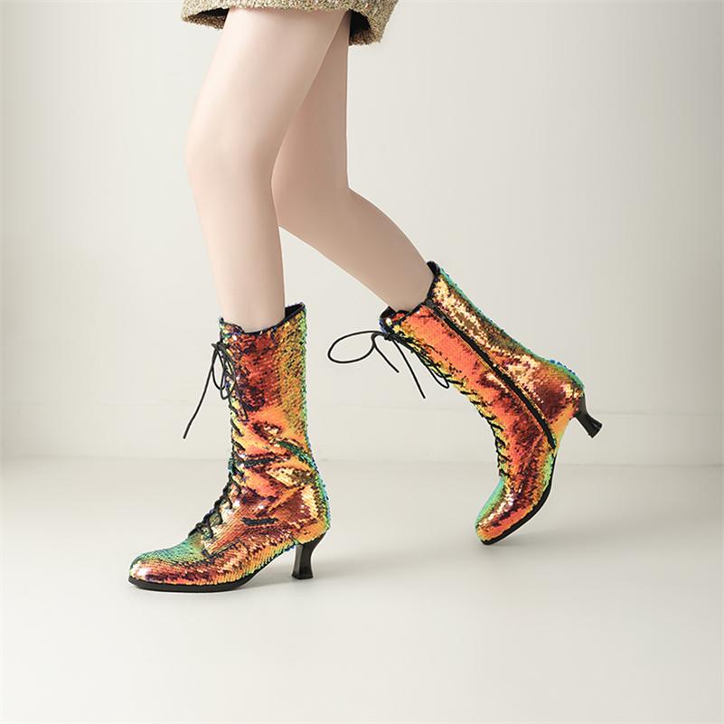 

Meotina Women Mid Calf Boots Round Toe Thick High Heels Zipper Lace-up Glitter Concise Ladies Fashion Shoes Autumn Winter 43 33 чорний