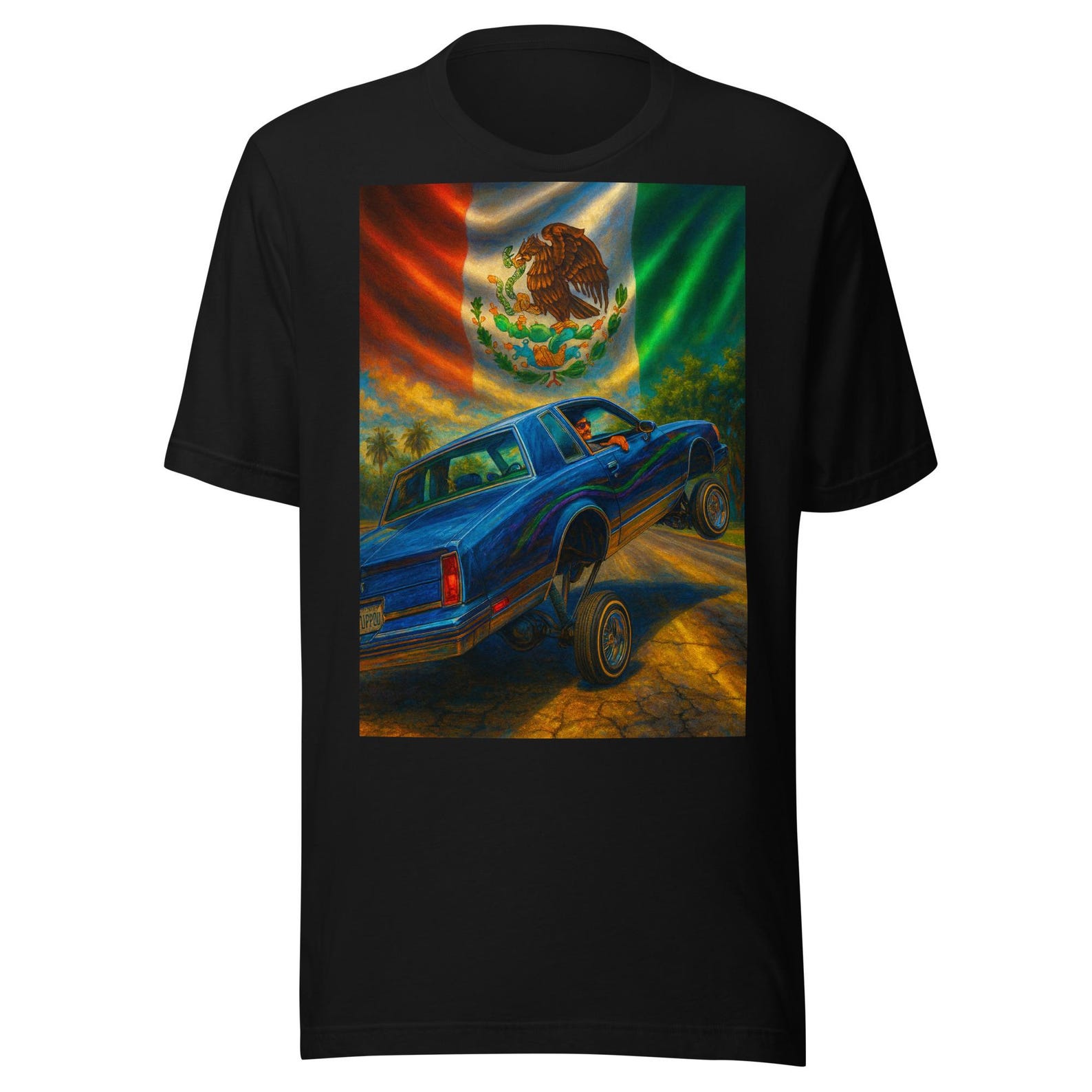 Mexican Flag Lowrider Art – Blue Lowrider Car with Eagle & Serpent Street Scene Unisex t-shirt L