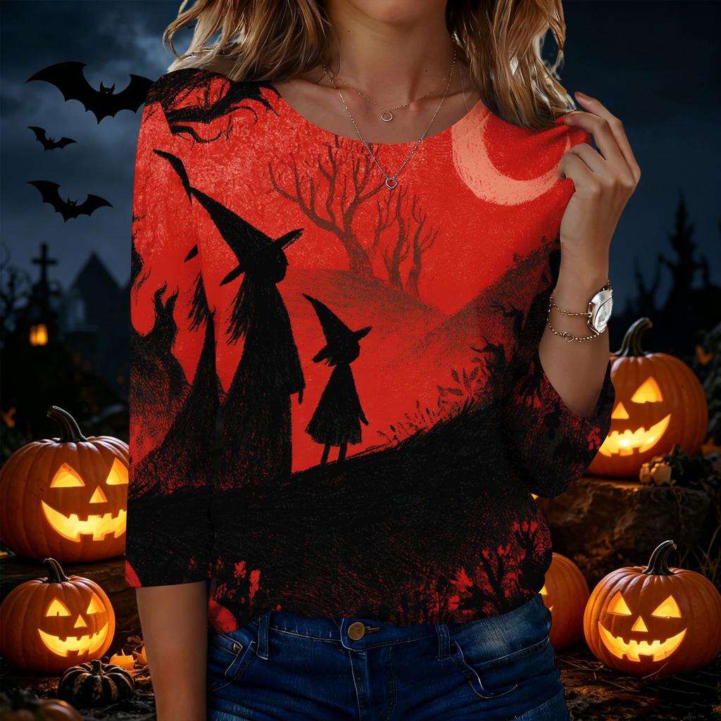 Women's Casual Round Neck Three Quarter Sleeve Halloween Print T Shirt Top Lightweight Comfortable Fit for Everyday Wear