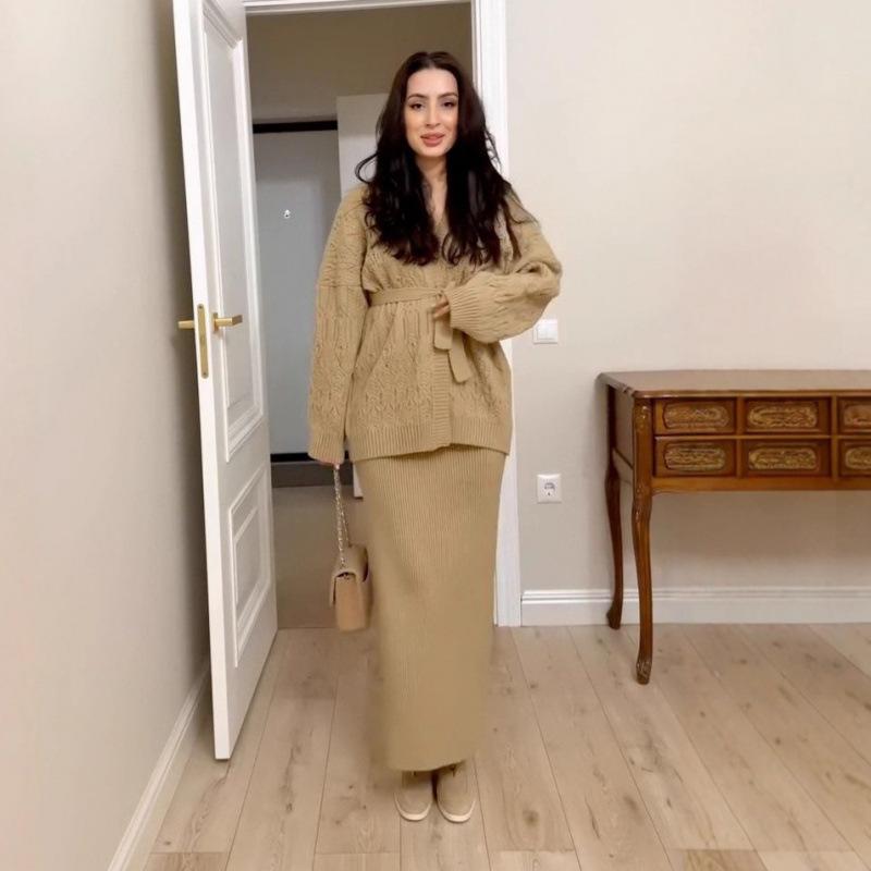 Hollow Cardigan Loose Knitted Sweater Jacket Cross-border European and American Women's Clothing Lace-up Skirt Fashion Casual Suit